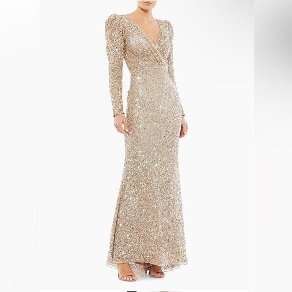 Mac Duggal 5510 Gold Puff Shoulder SequinSurplice Gown Long Sleeve Dress as is 6 - Picture 4 of 12